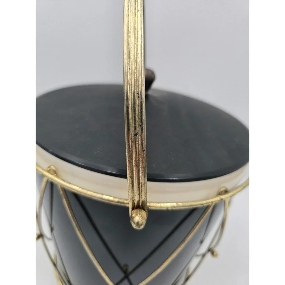 Vintage American Thermos 3940 Ice Bucket Black Gold Metal Wire Drum Frame MCM